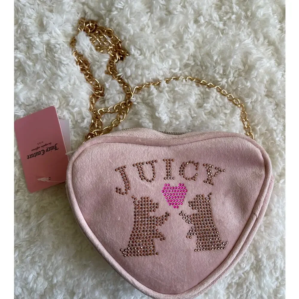 Juicy Couture Kids Mini Soft Pink Heart Gold Chain Rhinestone Purse Shoulder Bag